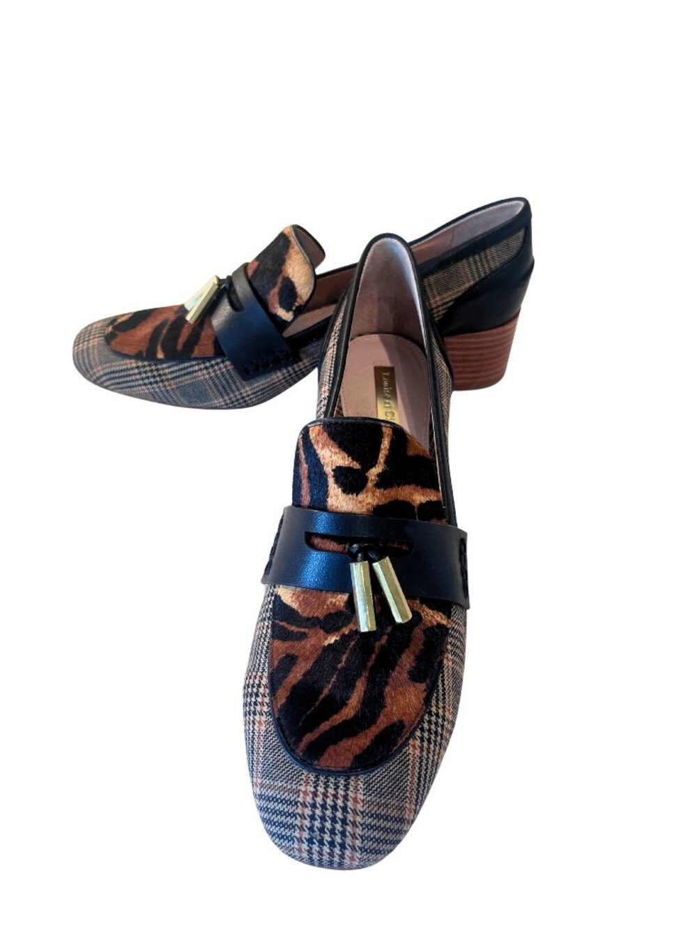 Louise et Cie Green Plaid Tartan Leopard Tiger Animal Hair Heeled Loafers